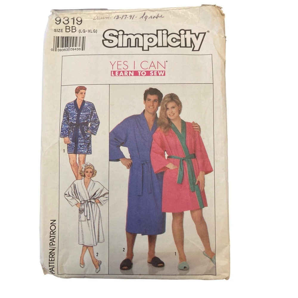 Simplicity 9319 Vintage 1989 Men Women Kimono Robe Sewing Pattern Size LG-XLG BB